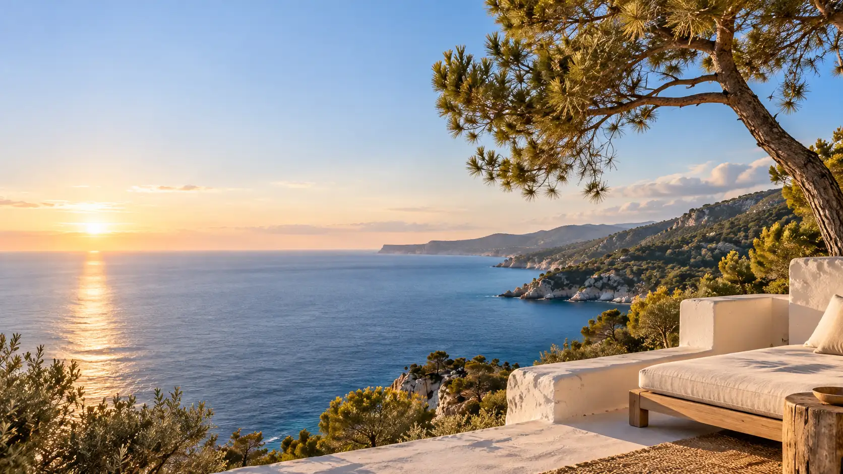 Terrasse über dem Meer im warmen Licht des frühen Morgens, Pinien und Mandelblüten im Vordergrund