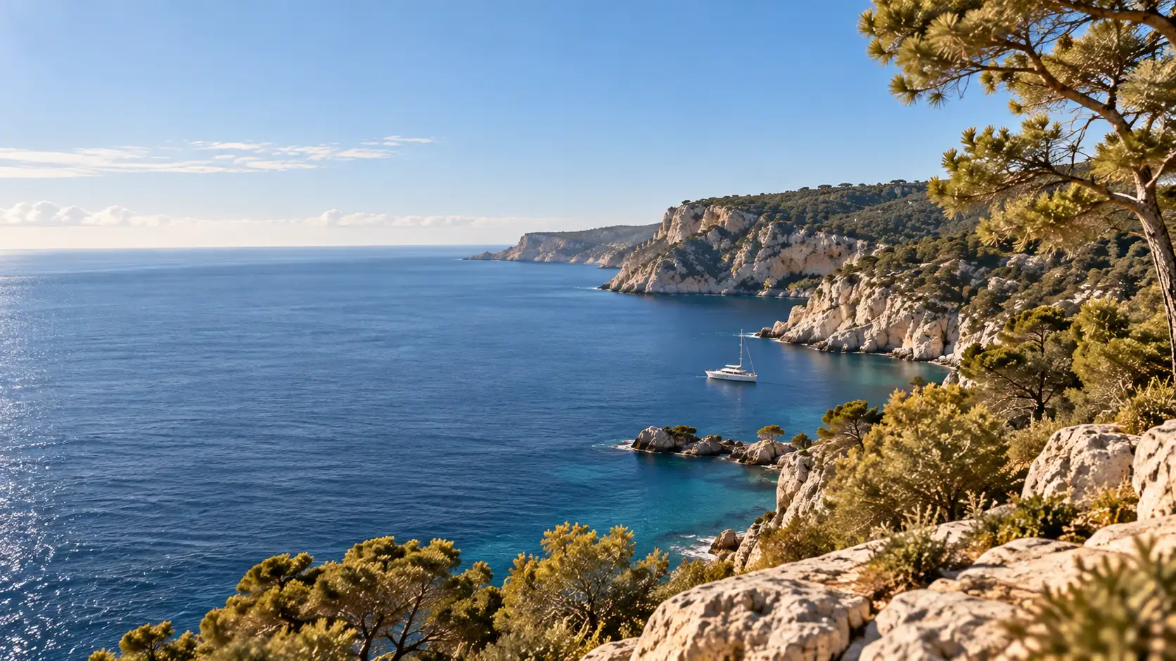 Steilküste mit Pinienwald über tiefblauem Meer, in der Ferne eine weiße Jacht vor Anker