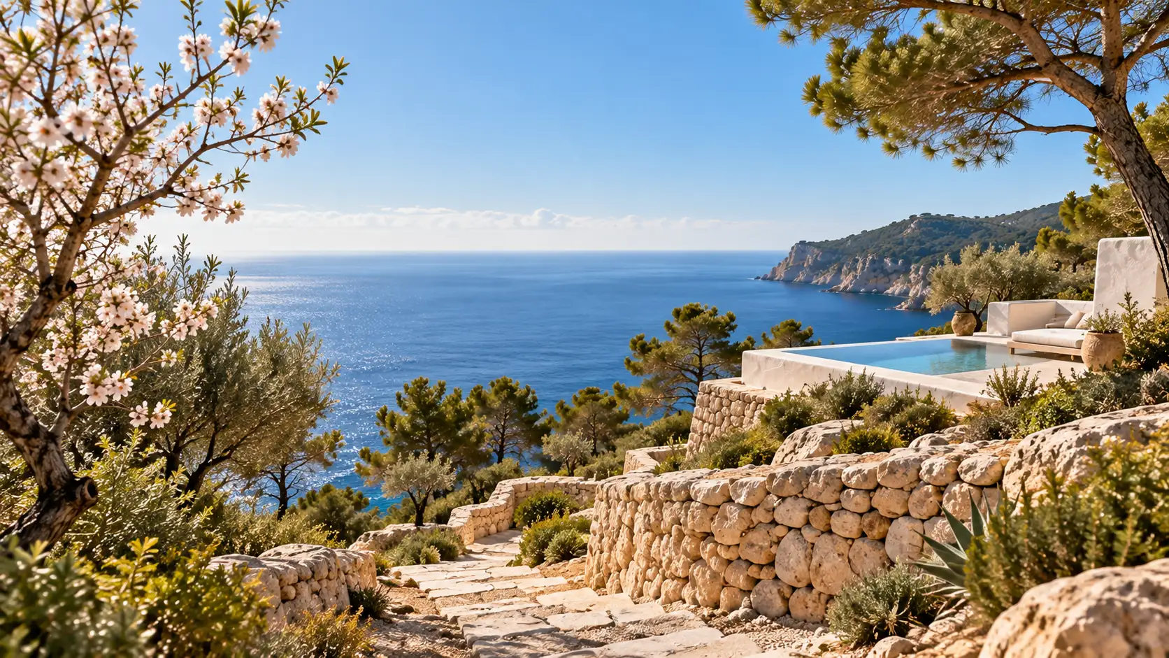Trockensteinweg zwischen Pinien und Mandelbäumen, dahinter der Pool einer weißen Finca über dem Meer