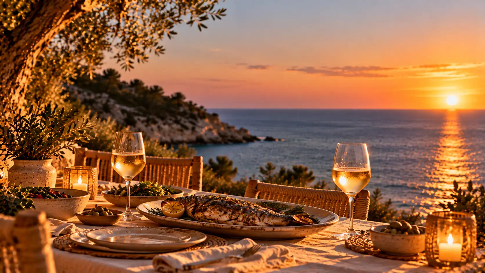 Gedeckter Tisch bei Sonnenuntergang mit gegrilltem Fisch und Weißwein