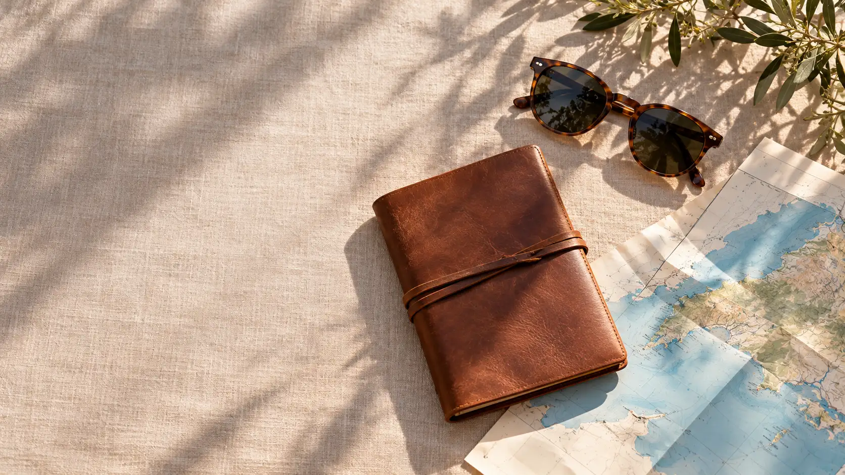 Ledernotizbuch, Sonnenbrille und Papierkarte auf Leinen, von oben