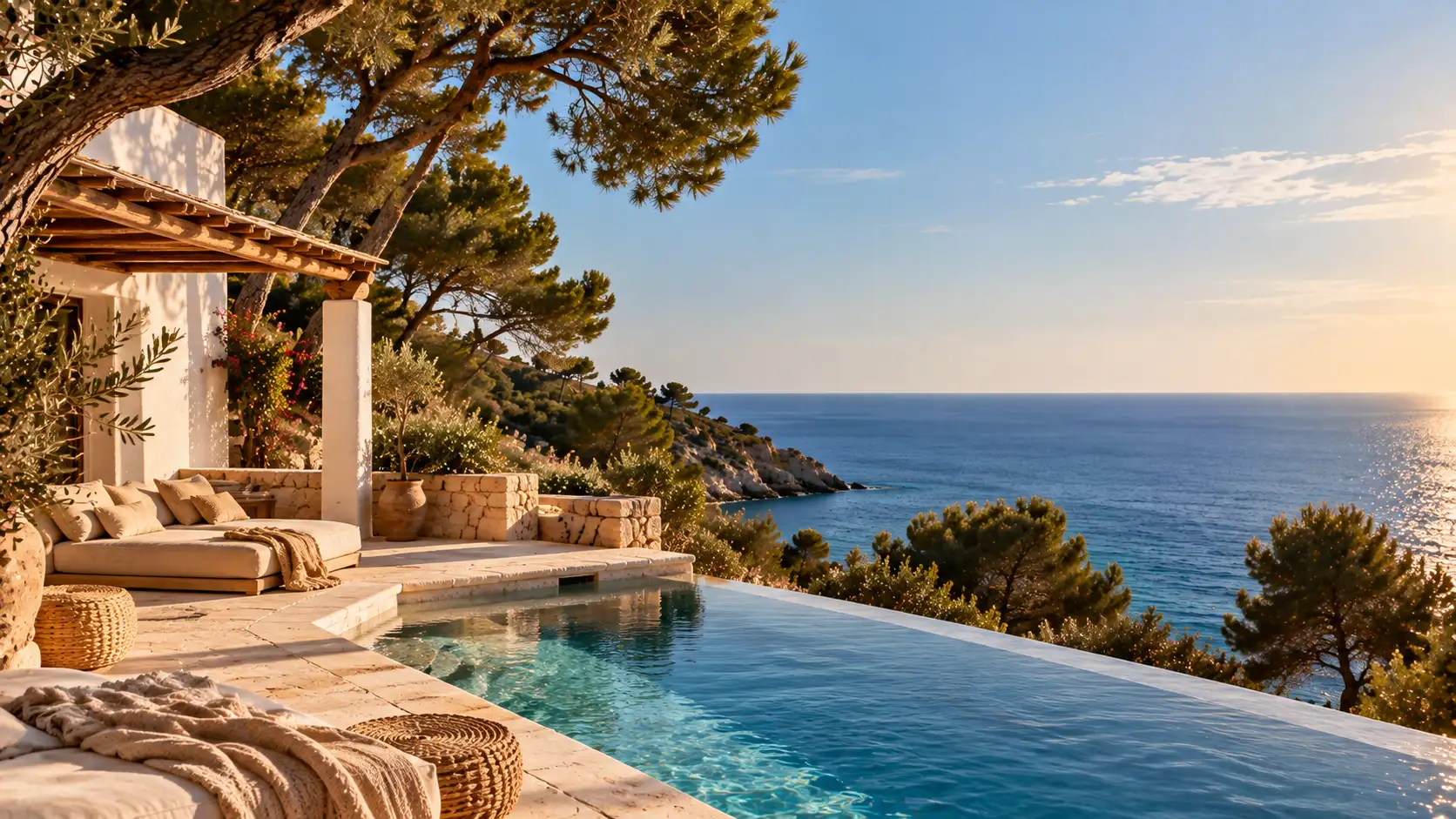 Weiß gekalkte Finca mit Pool zwischen Pinien über dem Meer