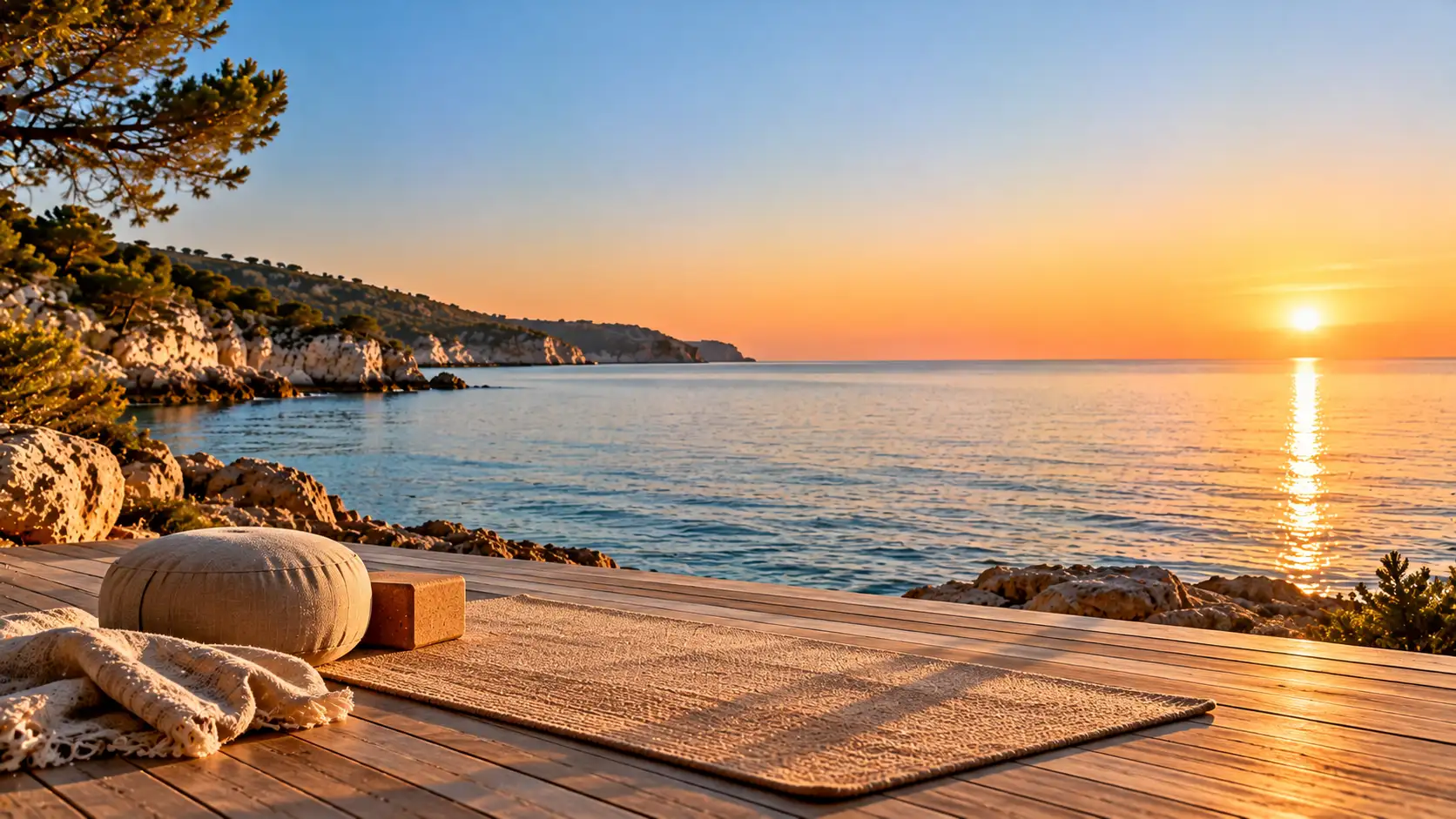 Holzplattform über dem Meer bei Sonnenaufgang mit Yogamatte aus Leinen