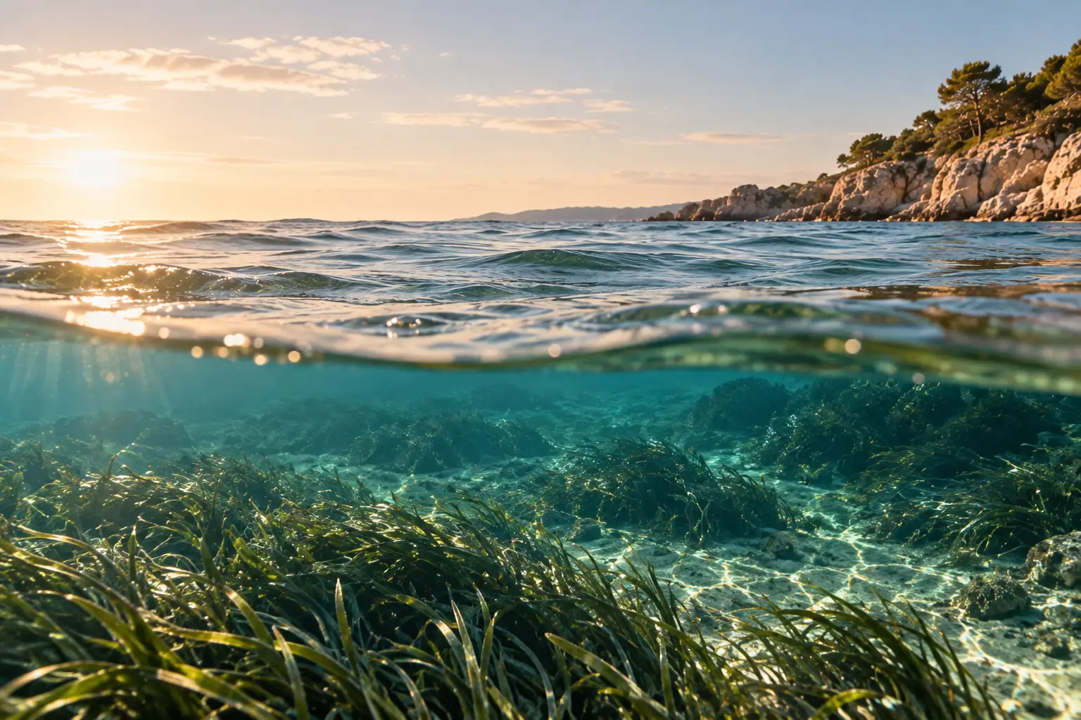 Seegraswiese unter klarem Wasser, darüber ruhige Wasseroberfläche und helle Felsküste im Abendlicht