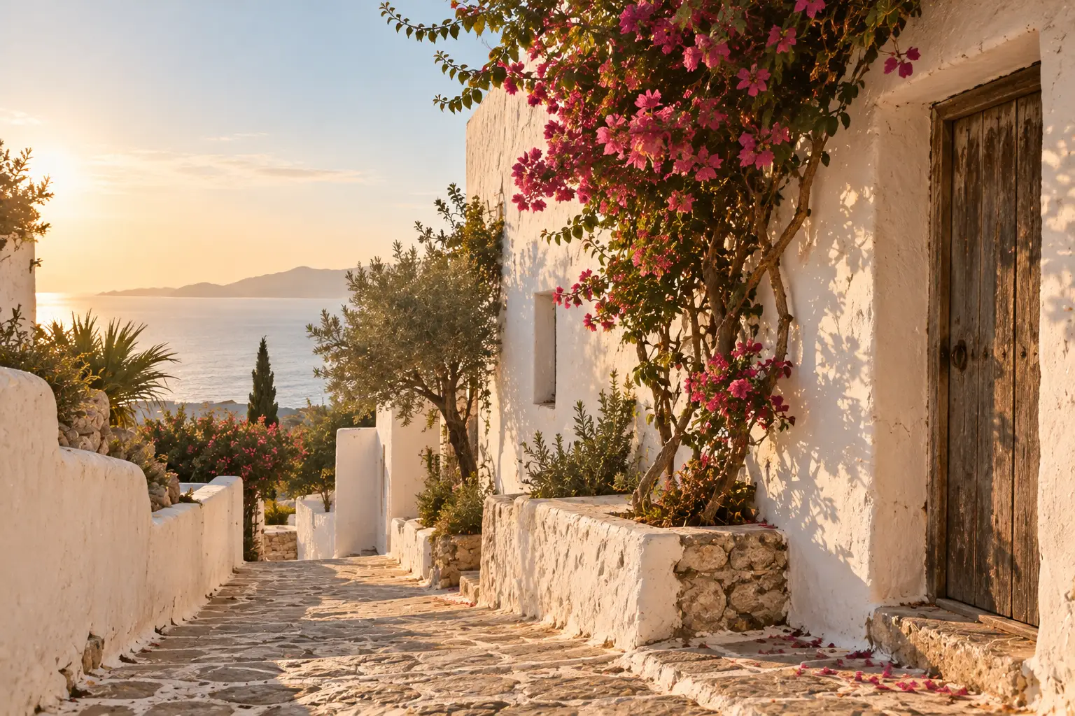 Gasse mit weiß gekalkten Häusern, alter Holztür und blühender Bougainvillea, im Hintergrund das Meer