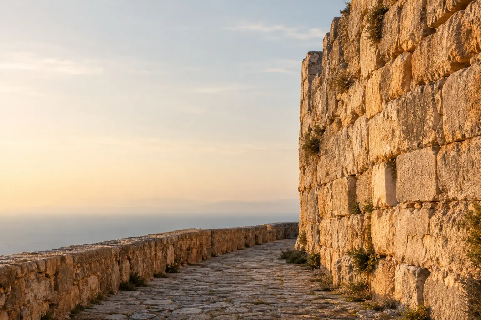 Alte Mauer aus hellen Kalksteinquadern mit gepflastertem Wehrgang, daneben das Meer im weichen Abendlicht