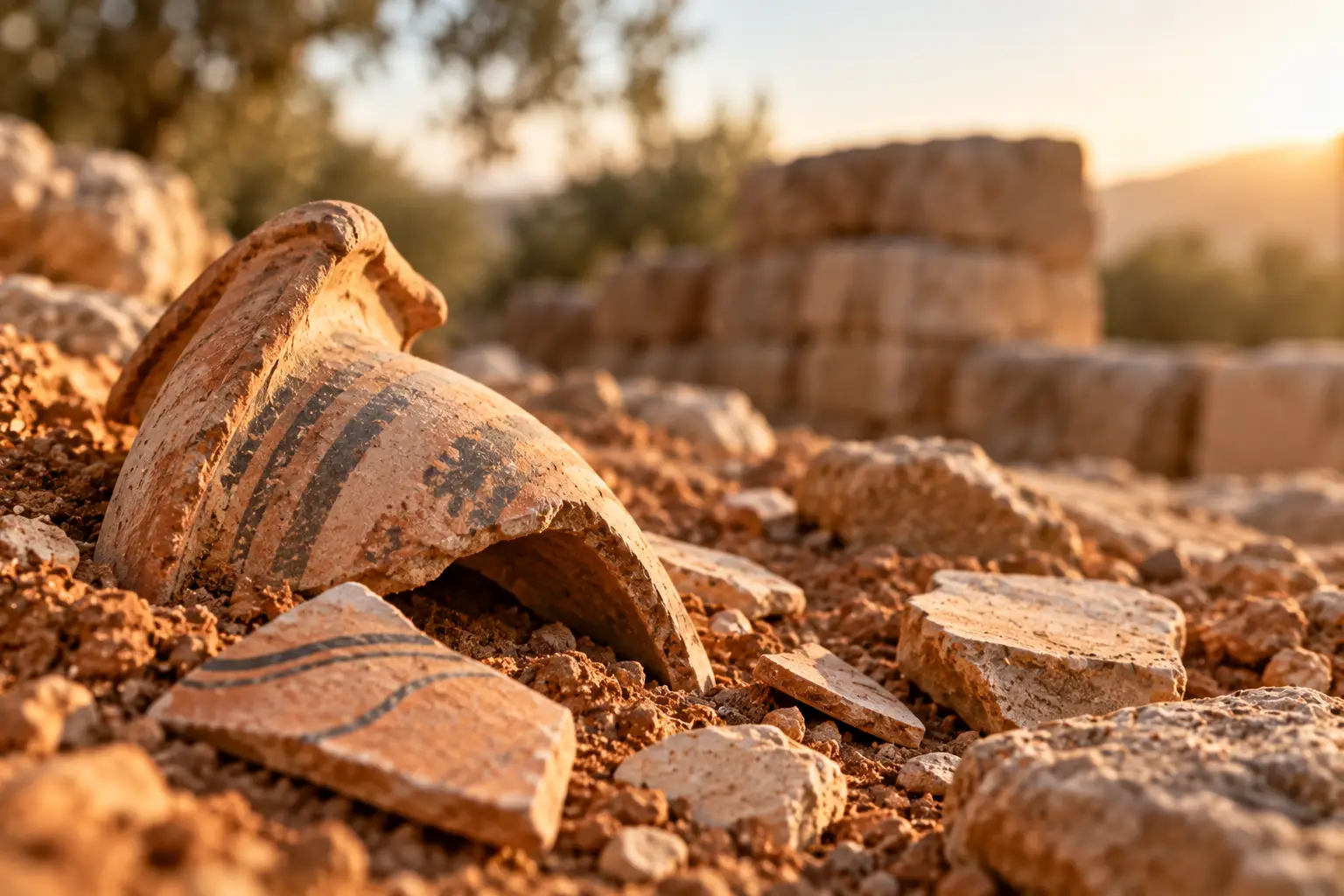 Bemalte Tonscherben in rötlicher Erde, im Hintergrund unscharfe Steinmauern und Olivenbäume im Abendlicht