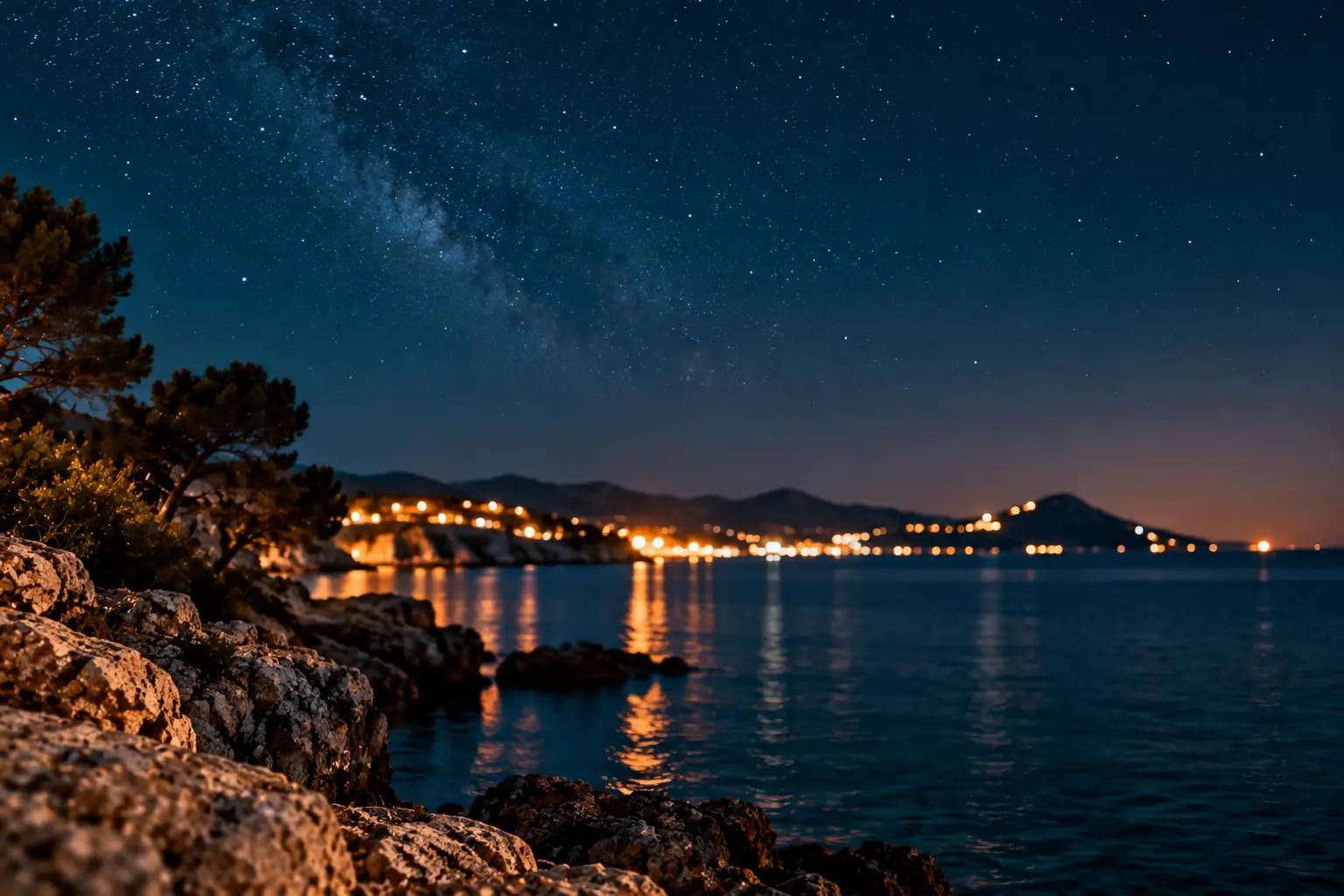 Sternenhimmel mit Milchstraße über einer nächtlichen Küste, deren ferne Lichter sich im Wasser spiegeln