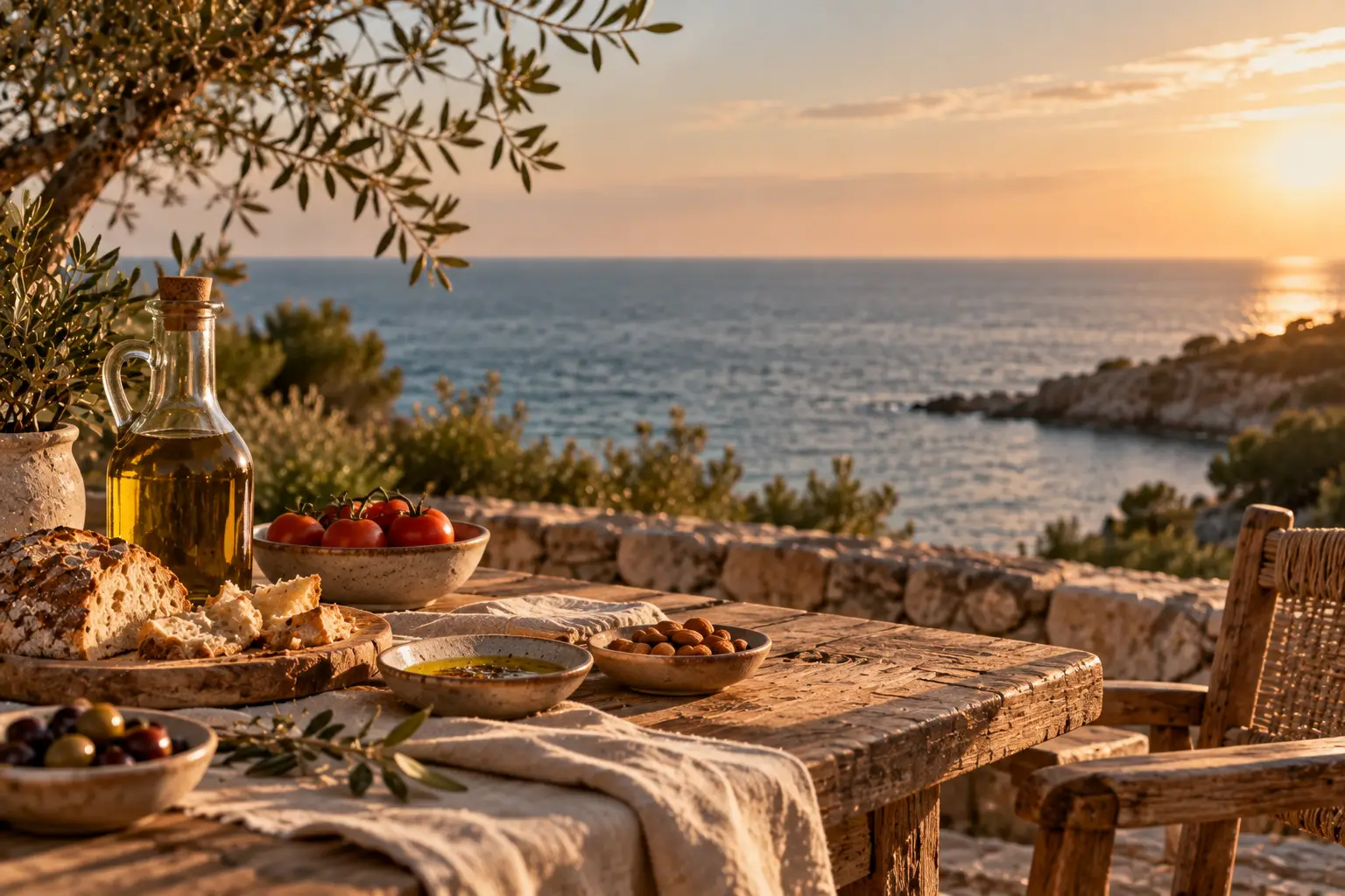 Rustikaler Holztisch mit Brot, Olivenöl, Tomaten und Mandeln, dahinter das Meer im warmen Abendlicht