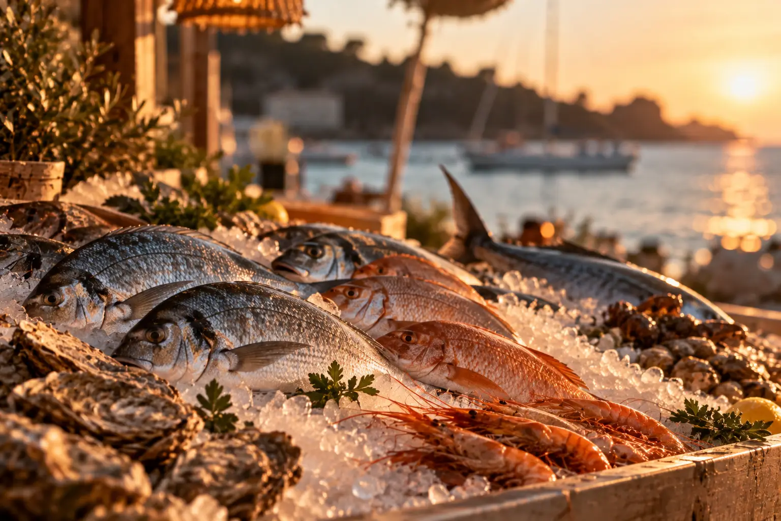 Frischer Fisch, Garnelen und Austern auf Eis an einem Marktstand, im Hintergrund Meer und Abendsonne