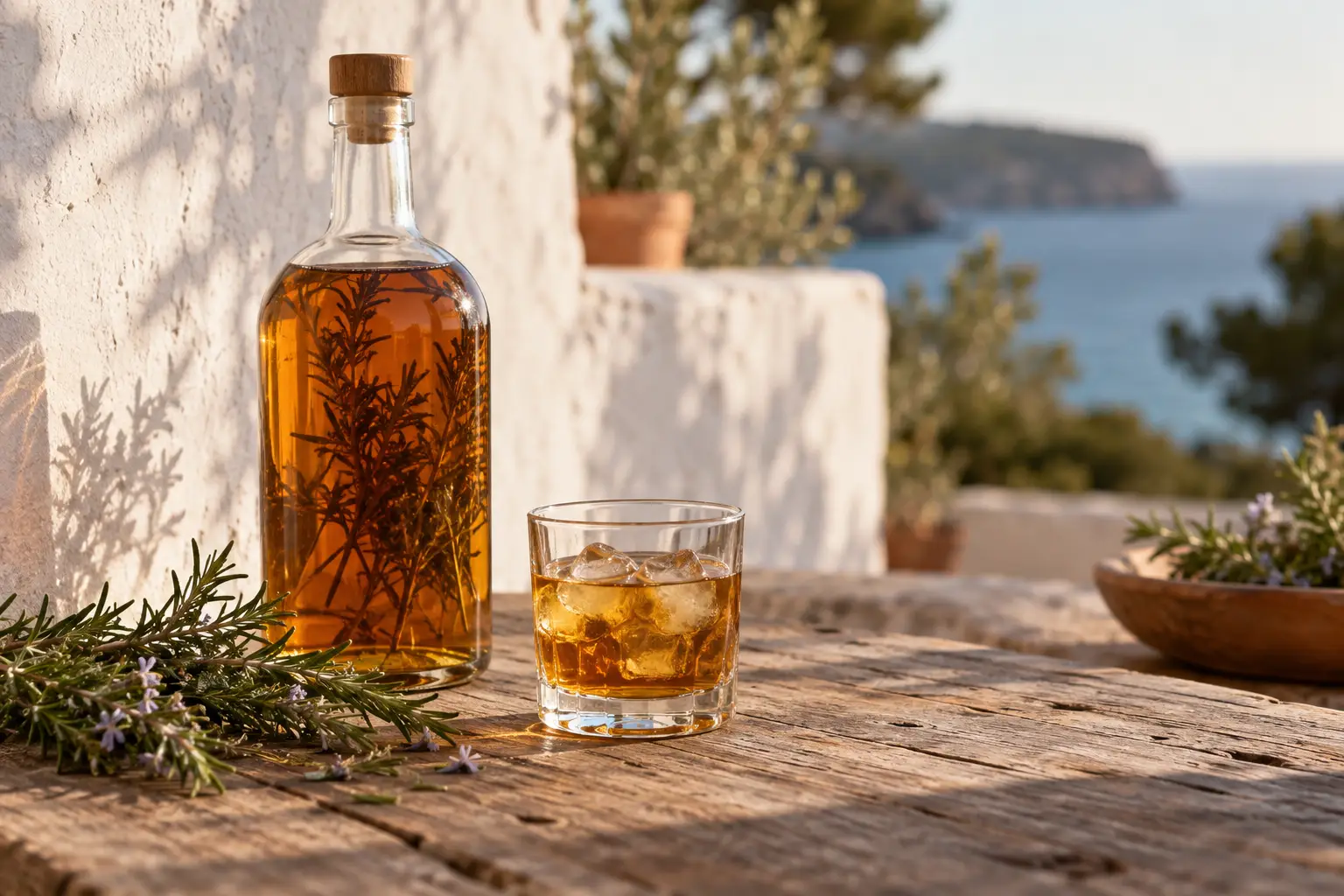 Flasche mit Kräuterlikör und Rosmarinzweigen, daneben ein Glas mit Eis auf altem Holztisch vor weißer Wand