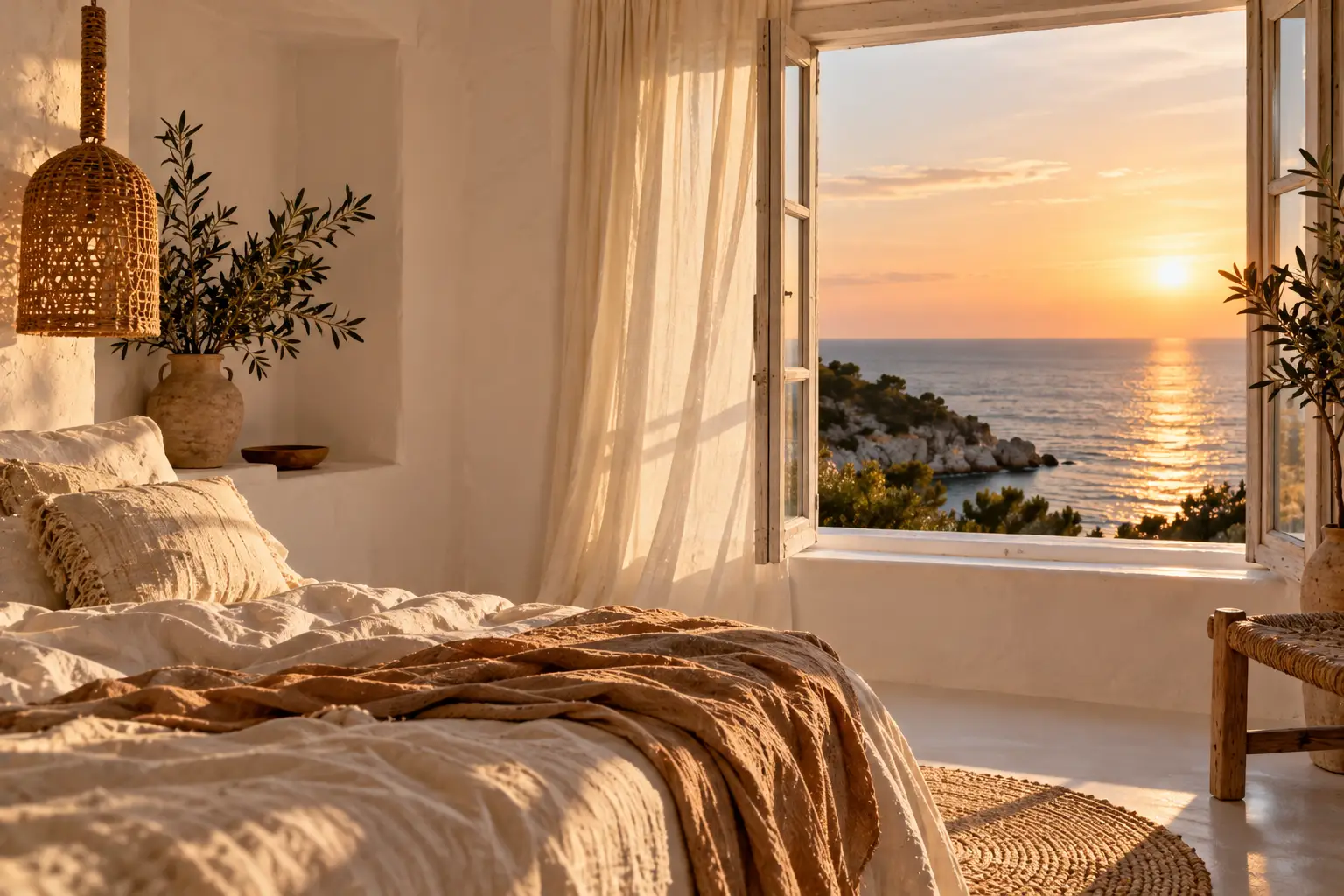 Helles, weiß gekalktes Schlafzimmer mit Leinenbettwäsche und offenem Fenster mit Blick aufs Meer