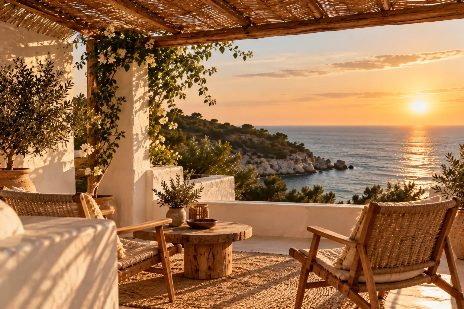 Terrasse unter einer Pergola mit Schilfdach, zwei leere Korbsessel und Blick auf eine felsige Küste