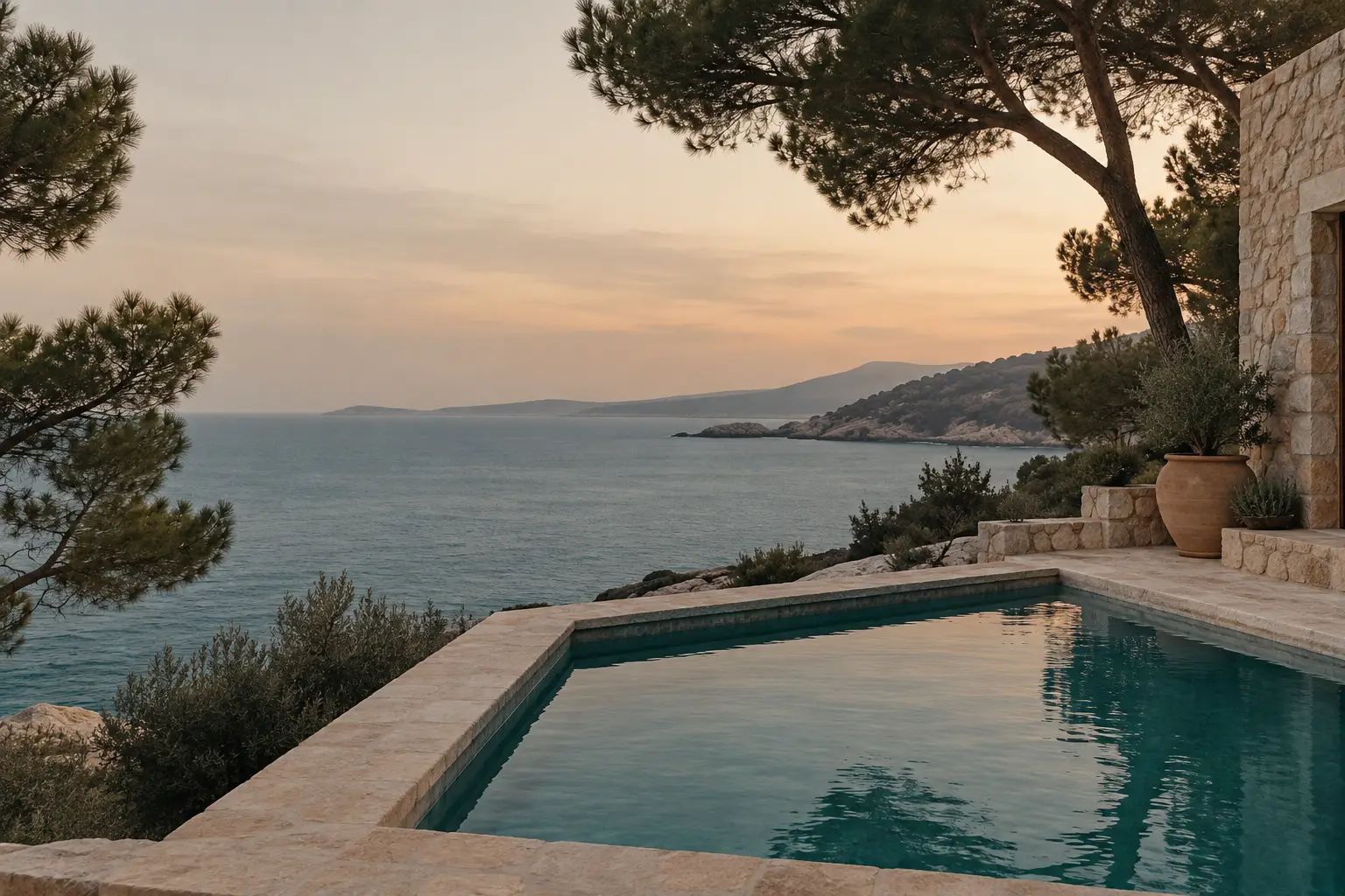 Pool mit Natursteinrand auf einer Terrasse über dem Meer, Pinien und Tonkrug im blassen Abendlicht