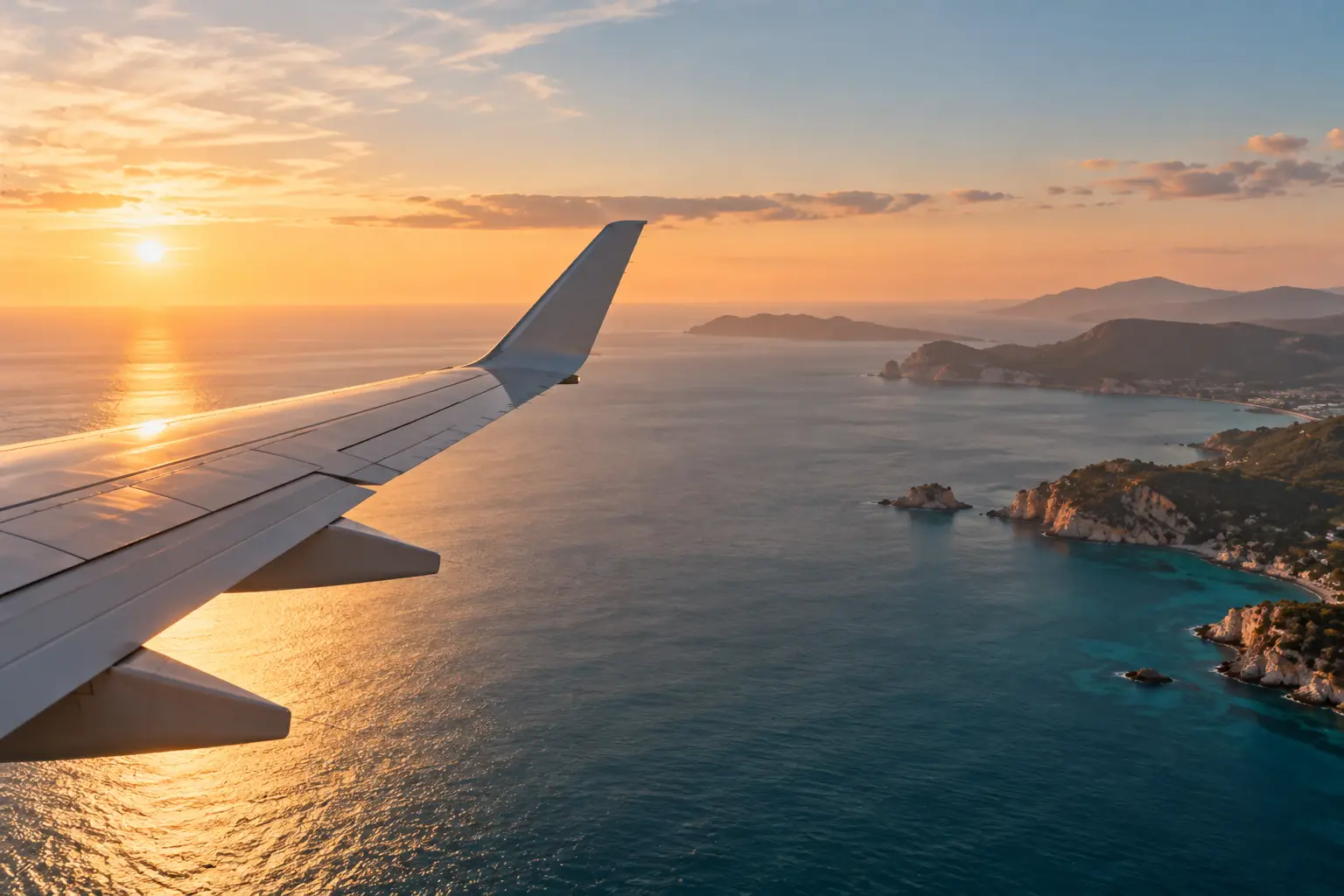 Blick aus dem Flugzeugfenster auf die Tragfläche, das Meer und eine bewaldete Felsküste