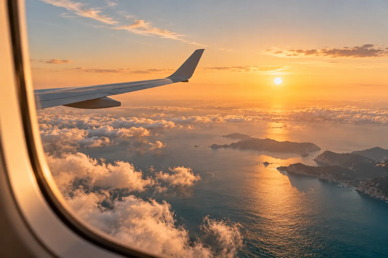 Blick aus dem Flugzeugfenster auf leichte Wolken, Tragfläche und das Meer im frühen Licht