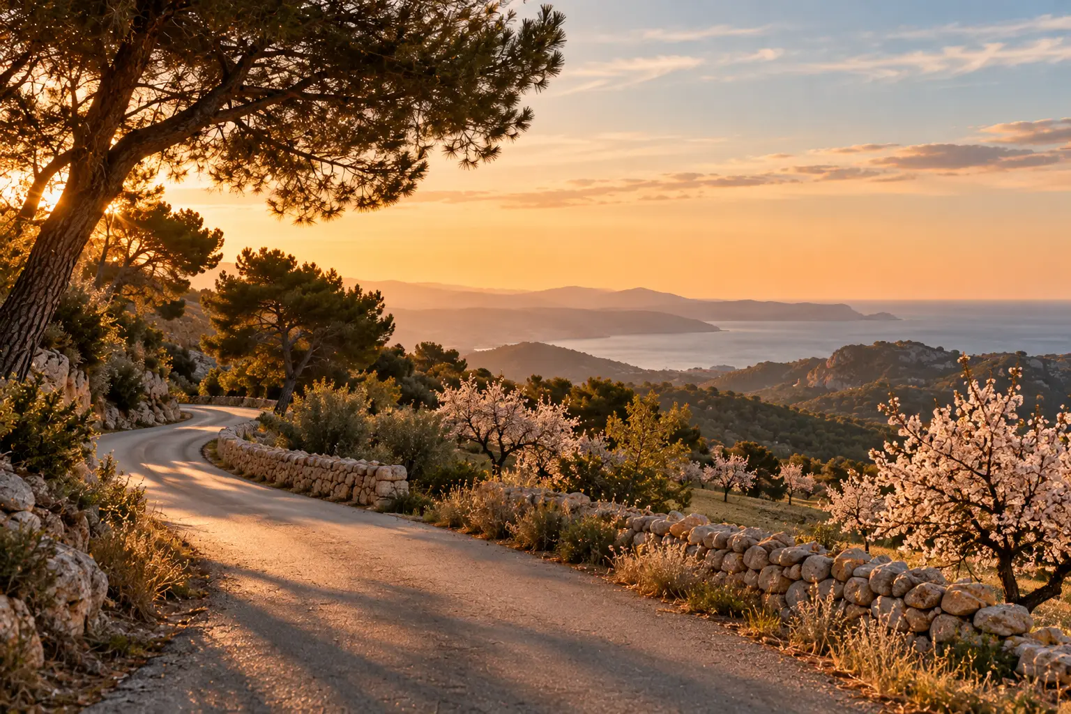 Schmale Landstraße zwischen Pinien, Trockensteinmauern und blühenden Mandelbäumen, mit Blick auf Hügel und Meer