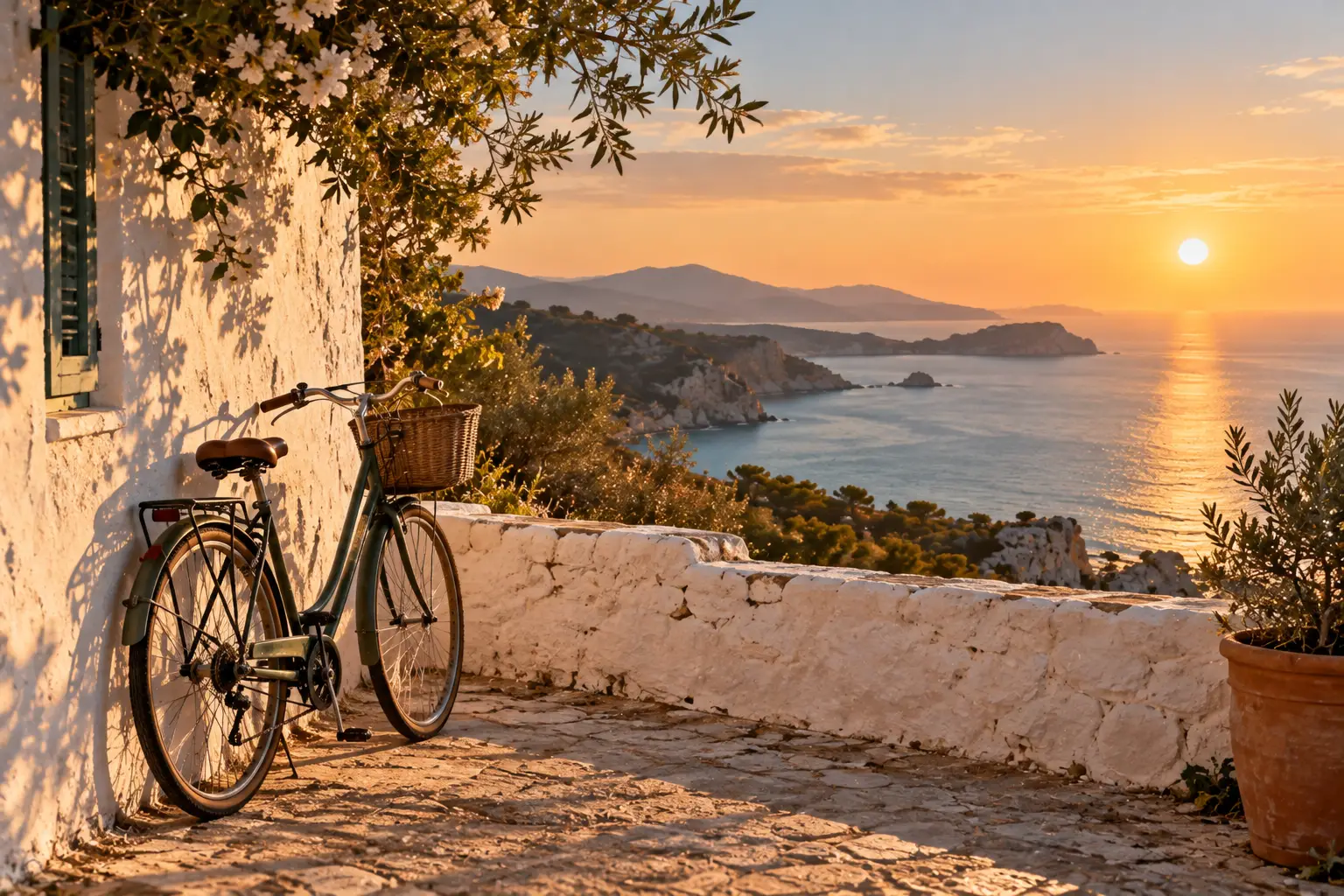 Fahrrad mit Korb lehnt an einer weiß gekalkten Mauer, dahinter Küste und Meer