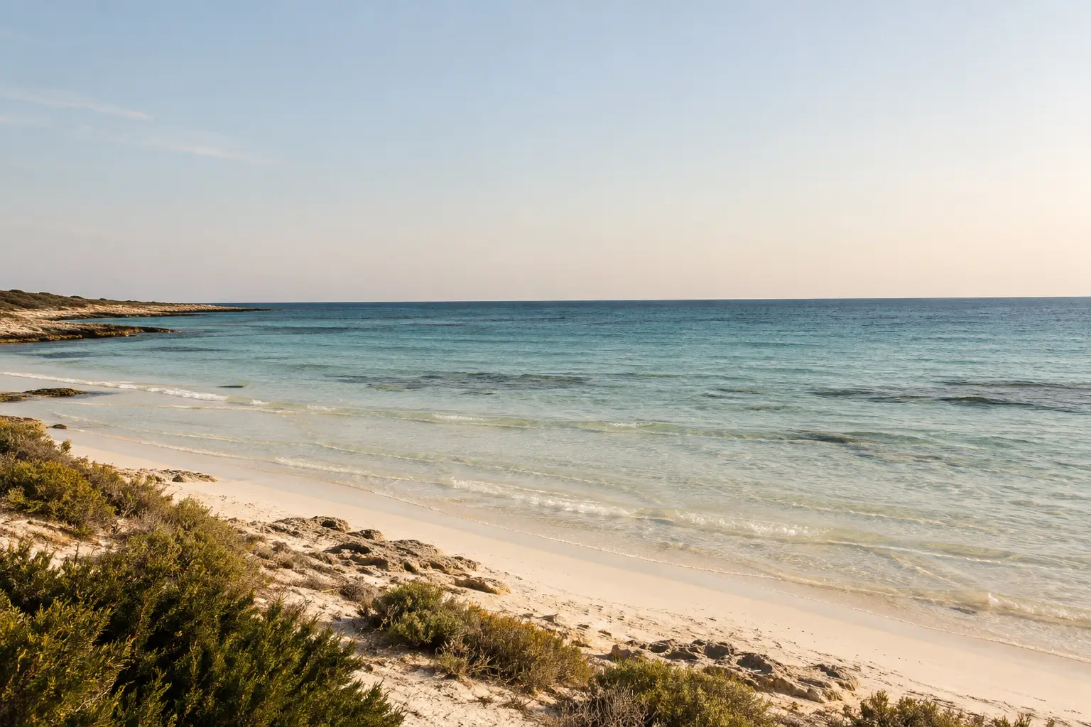 Heller Sandstrand mit flachem, klarem Wasser und niedrigem Gebüsch unter einem blassen, wolkenlosen Himmel