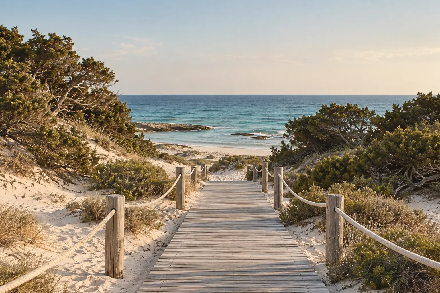 Holzsteg mit Seilgeländer führt durch Dünen und Wacholderbüsche zu einem hellen Strand am Meer