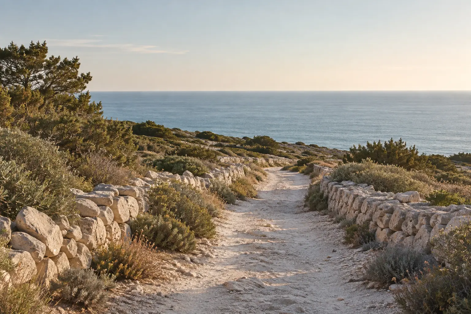 Heller Feldweg zwischen Trockensteinmauern und Macchia führt zum offenen Meer unter einem blassen Himmel
