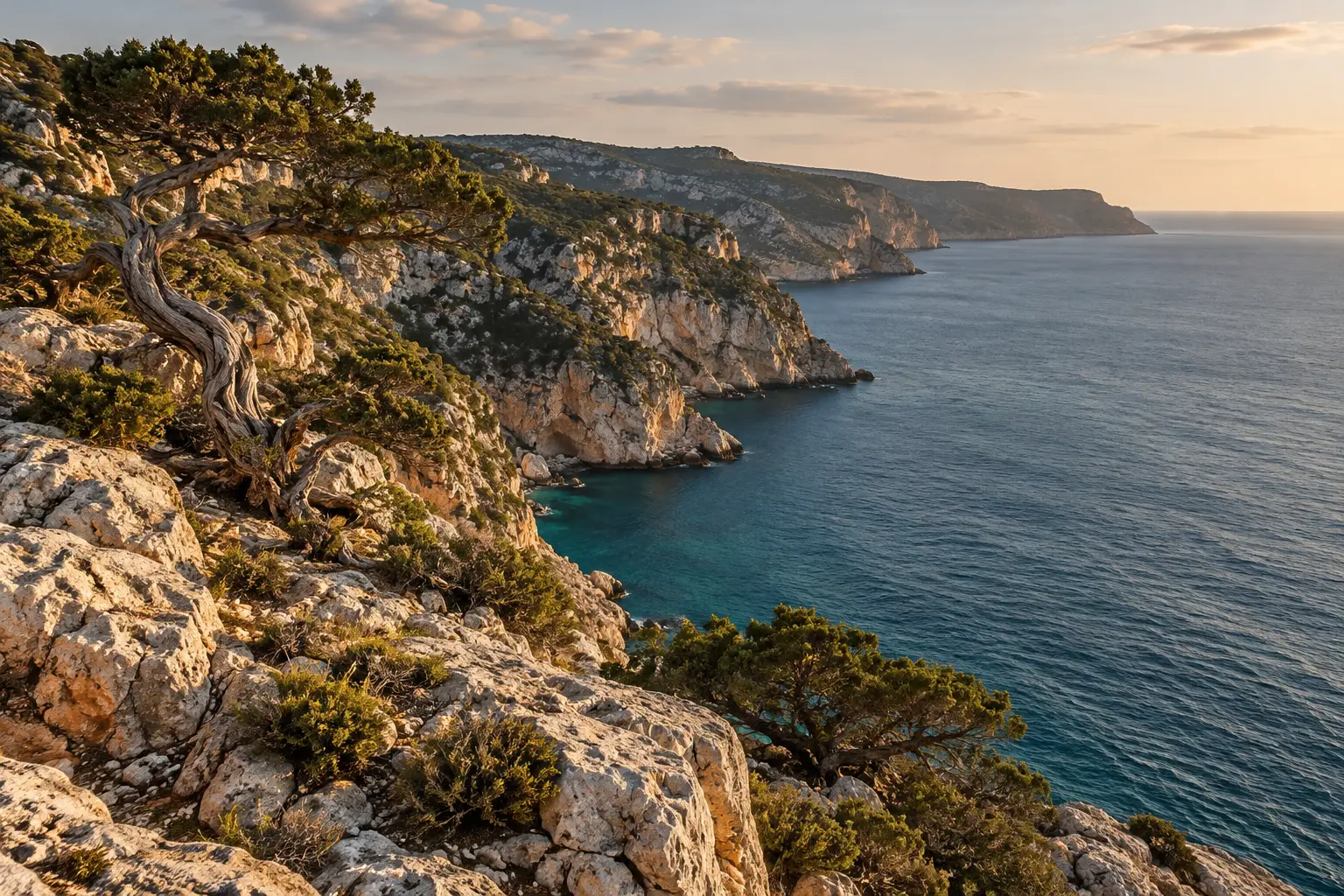 Knorriger Wacholder auf Kalkfelsen über einer Steilküste mit tiefblauem Meer am Abend