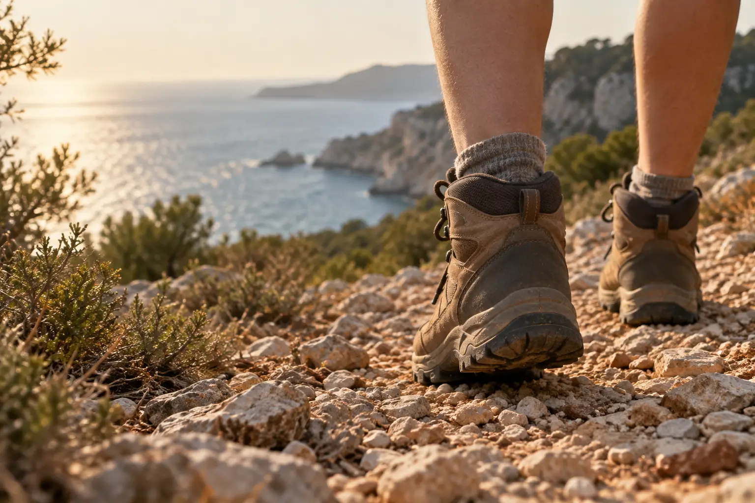 Wanderschuhe auf einem steinigen Pfad, im Hintergrund unscharf Küste und glitzerndes Meer