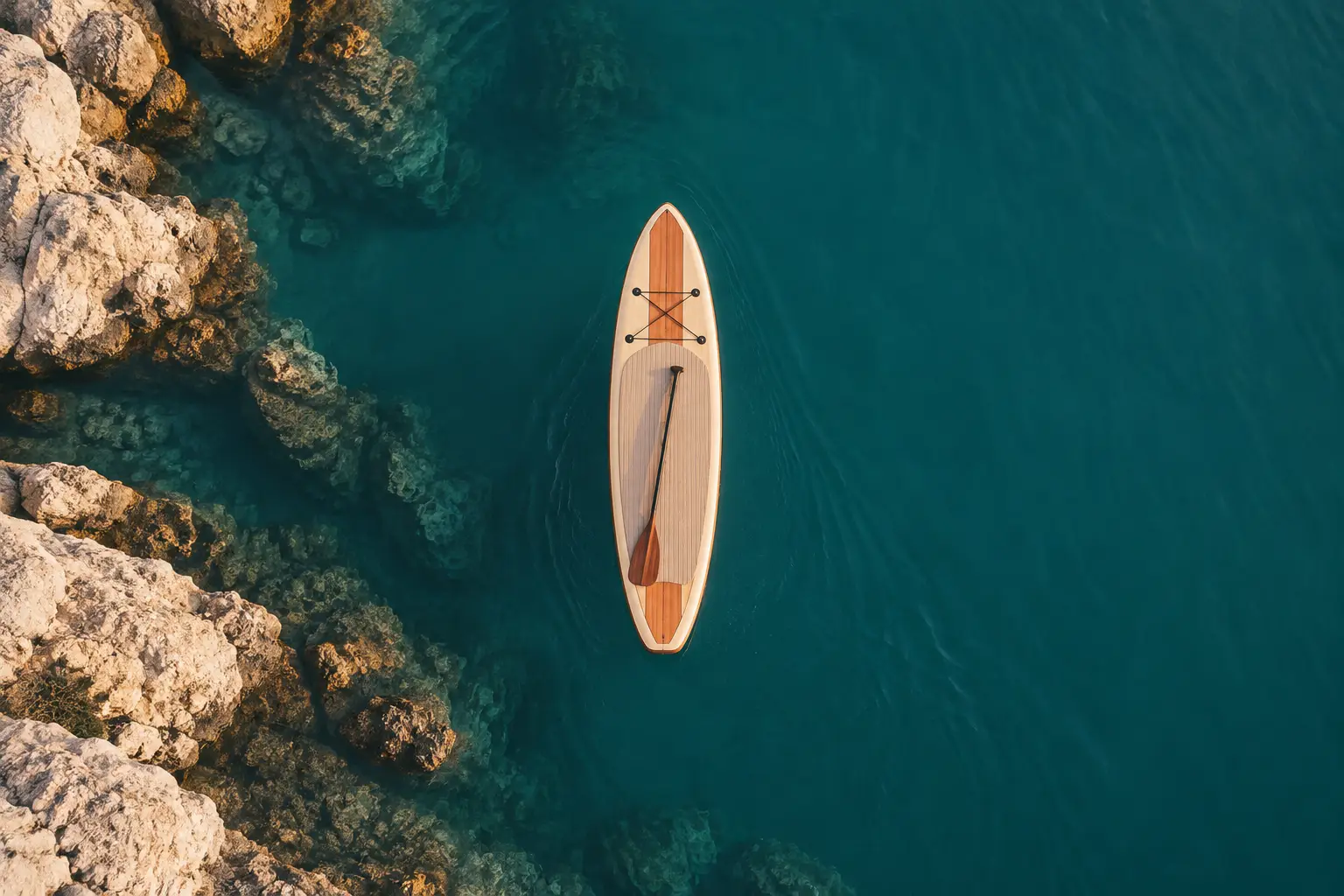 Helles Stand-up-Paddleboard mit Paddel von oben auf ruhigem grünblauem Wasser neben hellen Felsen