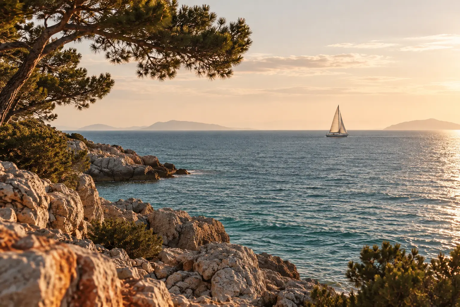 Segelboot in der Ferne auf ruhigem Meer, im Vordergrund Felsen und Kiefernzweige im Abendlicht
