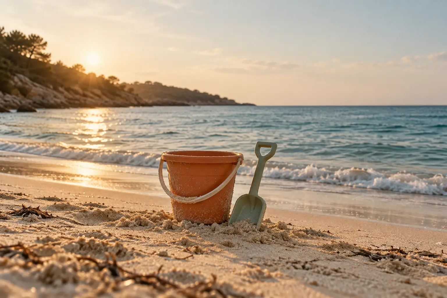 Sandeimer und Schaufel im Sand am Wasser, sanfte Wellen und bewaldete Küste im Abendlicht