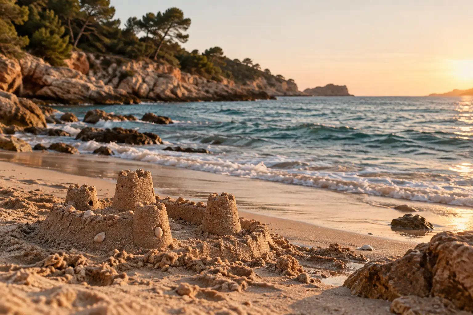 Halb fertige Sandburg mit Muscheln am Strand, dahinter Wellen und felsige Küste im Abendlicht