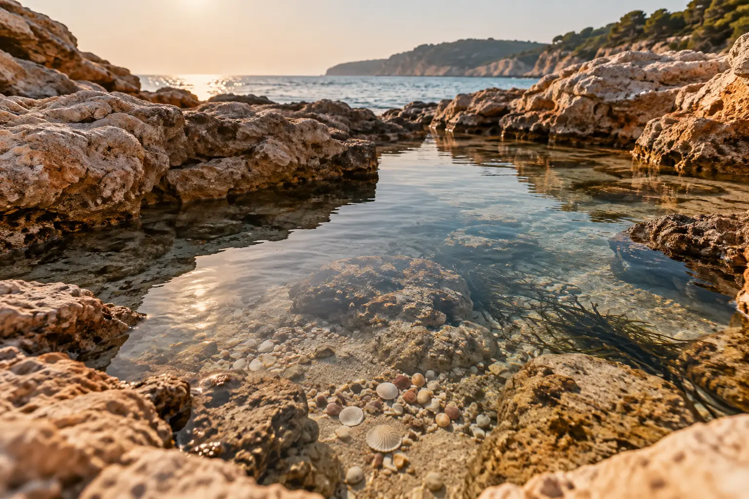 Klarer Gezeitentümpel zwischen Kalkfelsen mit kleinen Muscheln und Seegras am Grund