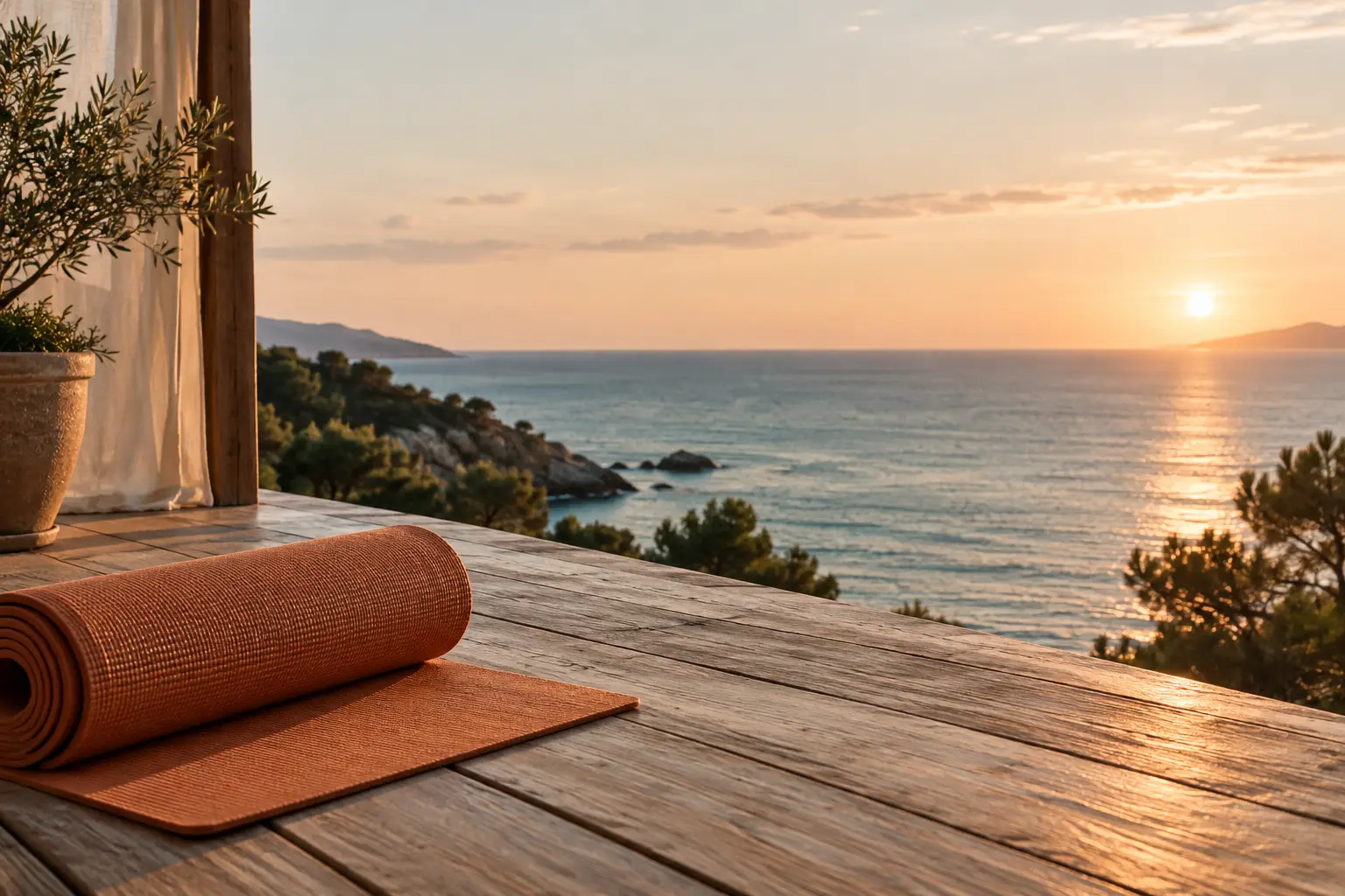Eingerollte terrakottafarbene Yogamatte auf einer Holzterrasse mit Blick auf das Meer bei tief stehender Sonne