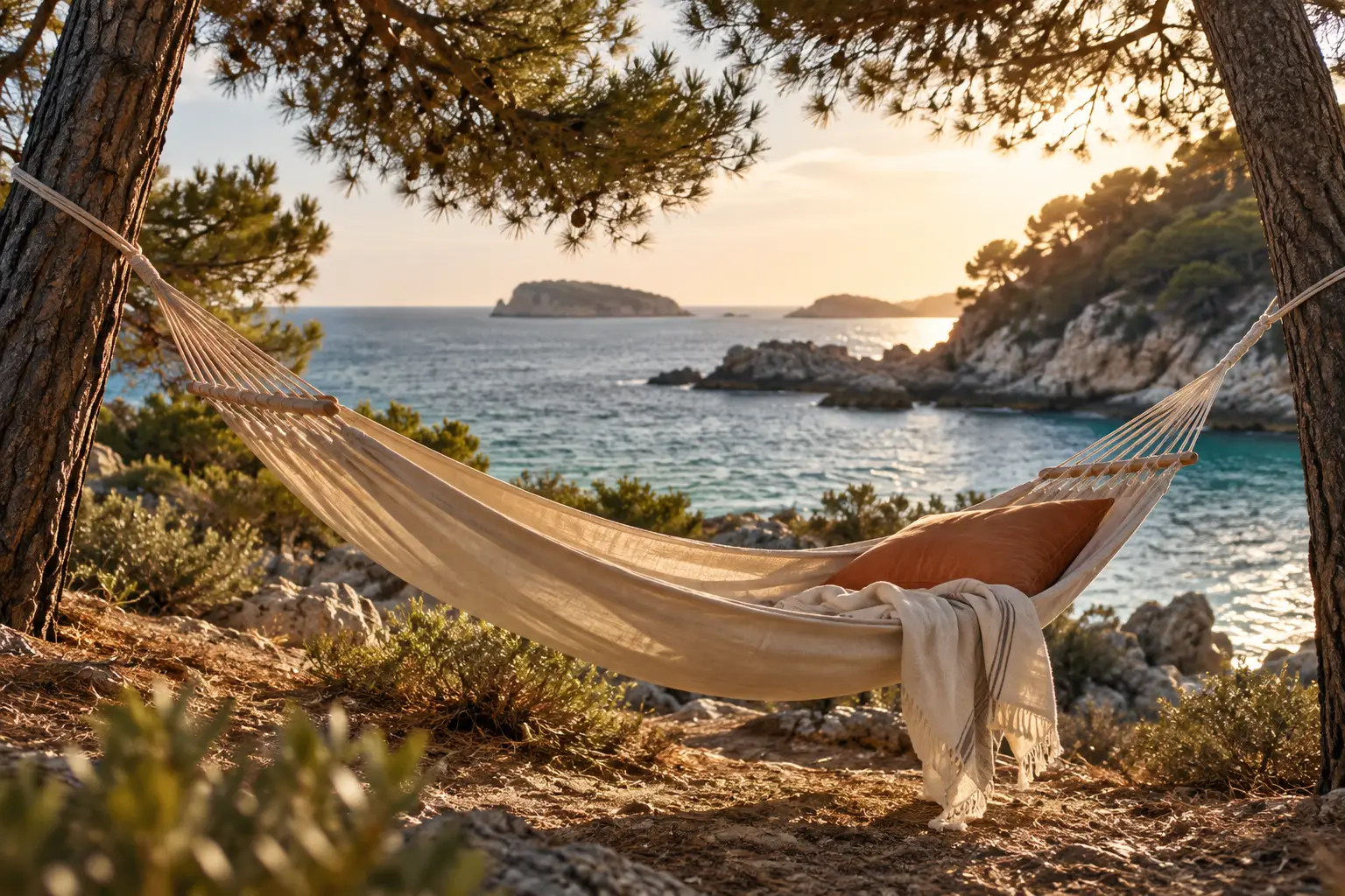 Leinenhängematte mit Kissen und Decke zwischen zwei Kiefern über einer felsigen Bucht