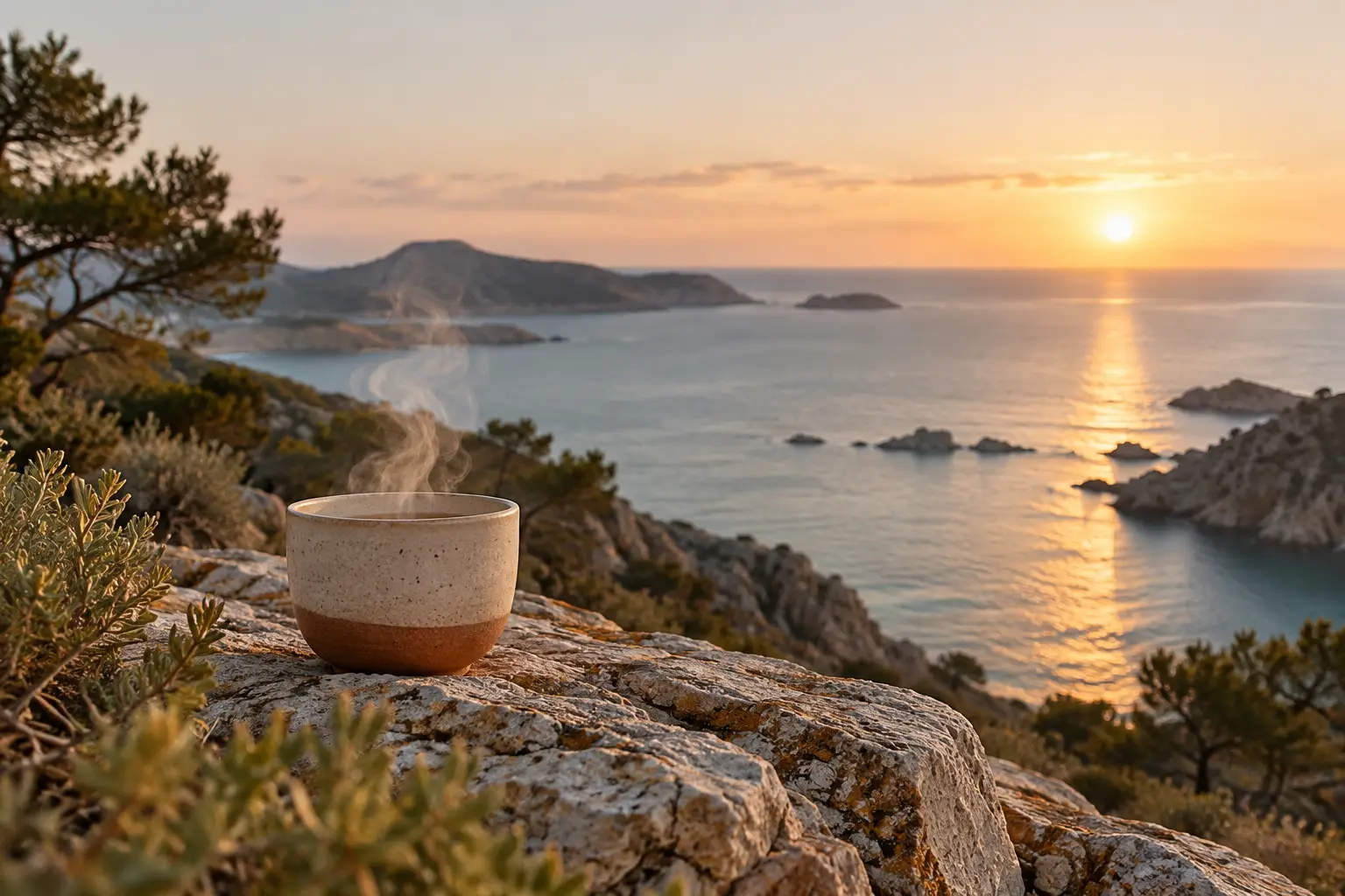 Dampfende Keramiktasse auf einem flechtenbewachsenen Felsen über der Küste bei Sonnenaufgang