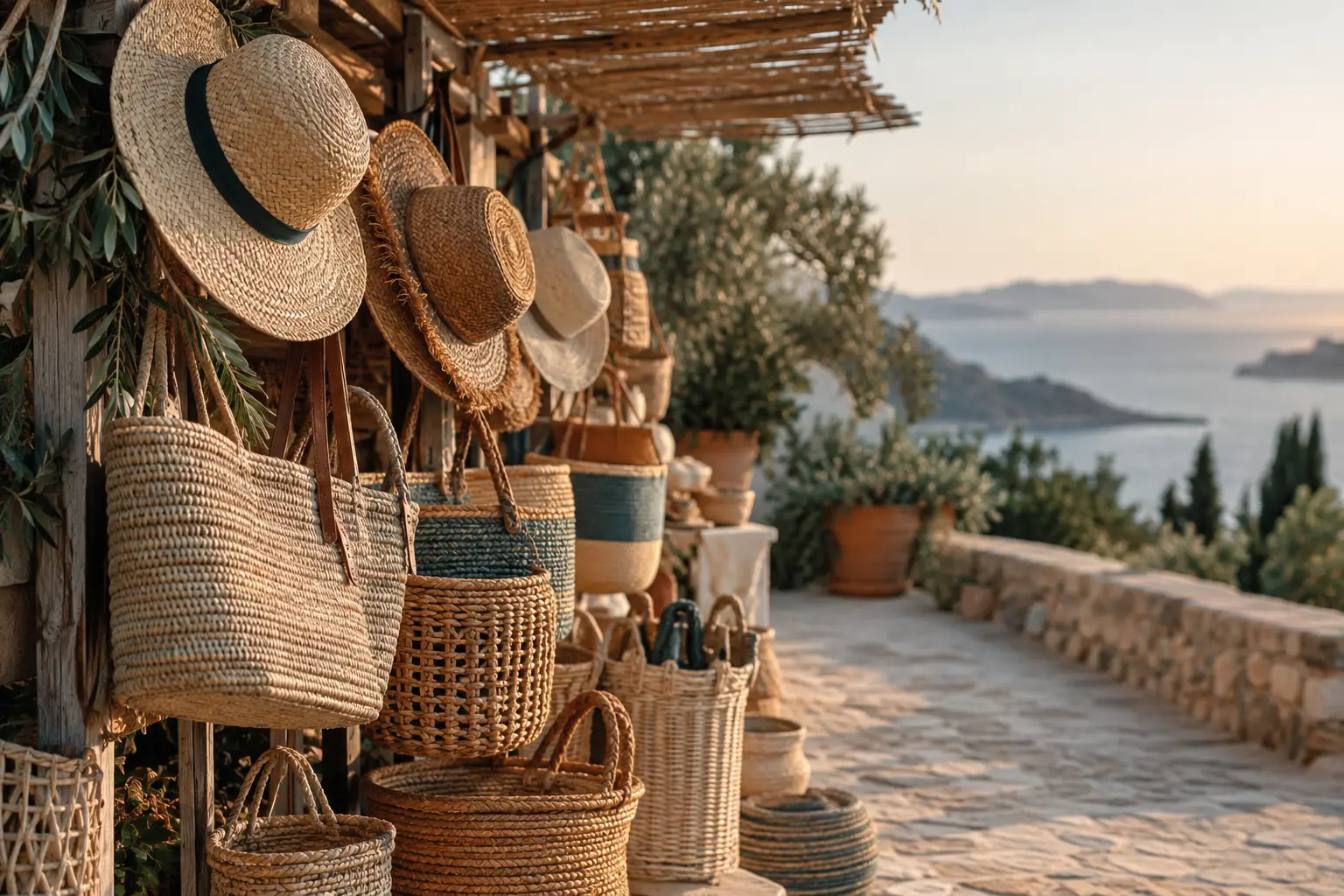 Strohhüte und geflochtene Körbe hängen an einem Holzstand, dahinter Steinterrasse und Meer im Abendlicht