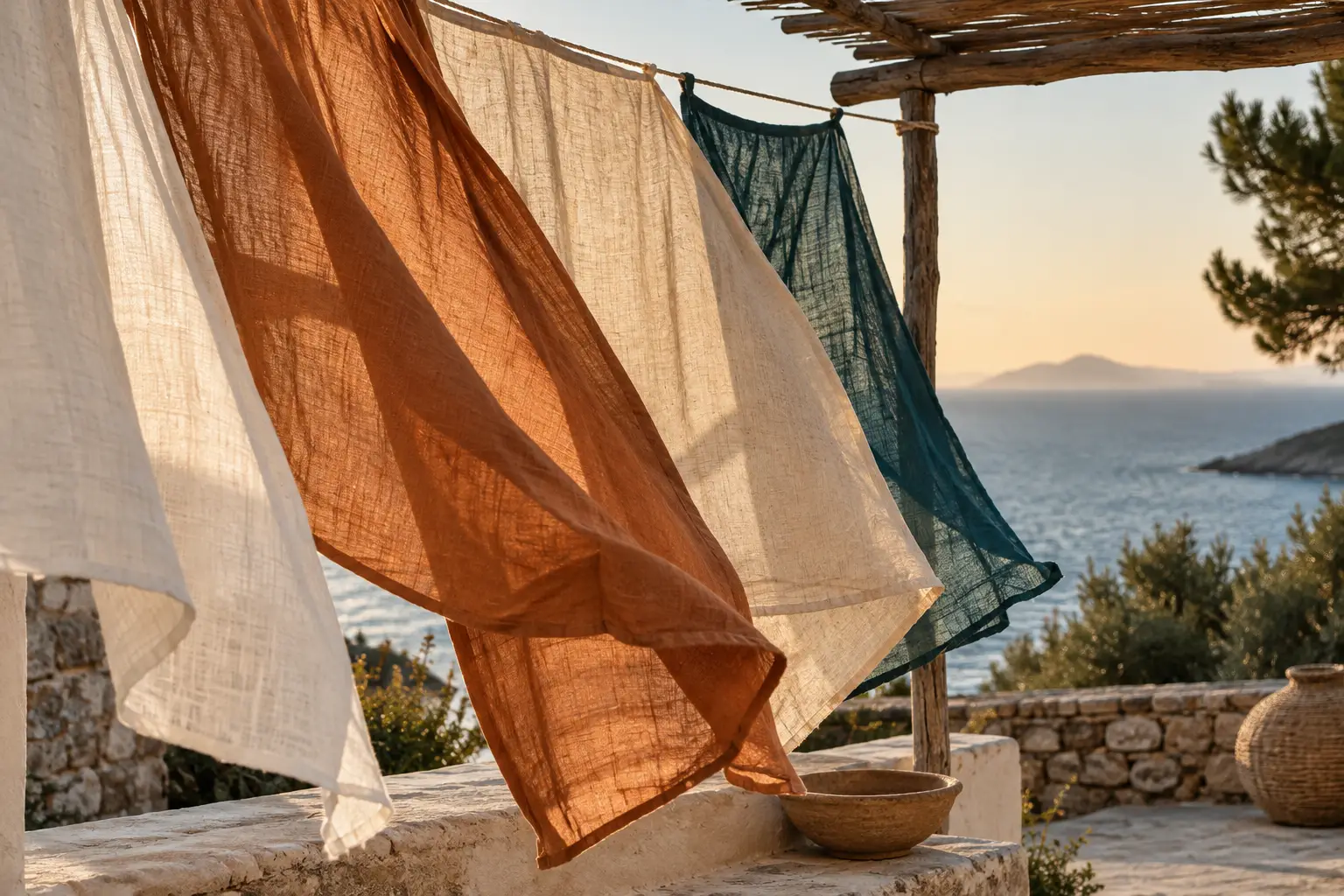 Leinentücher in Erdtönen flattern an einer Leine unter einer Pergola, dahinter das Meer