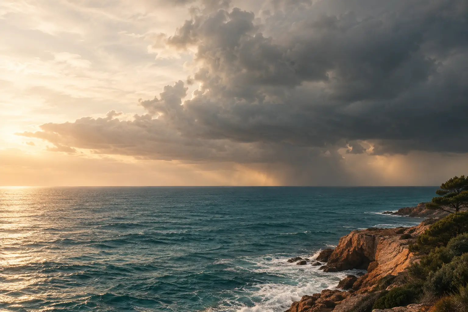 Dunkle Gewitterwolken über offenem Meer, seitliches Abendlicht, felsige Küste mit Kiefern am rechten Rand