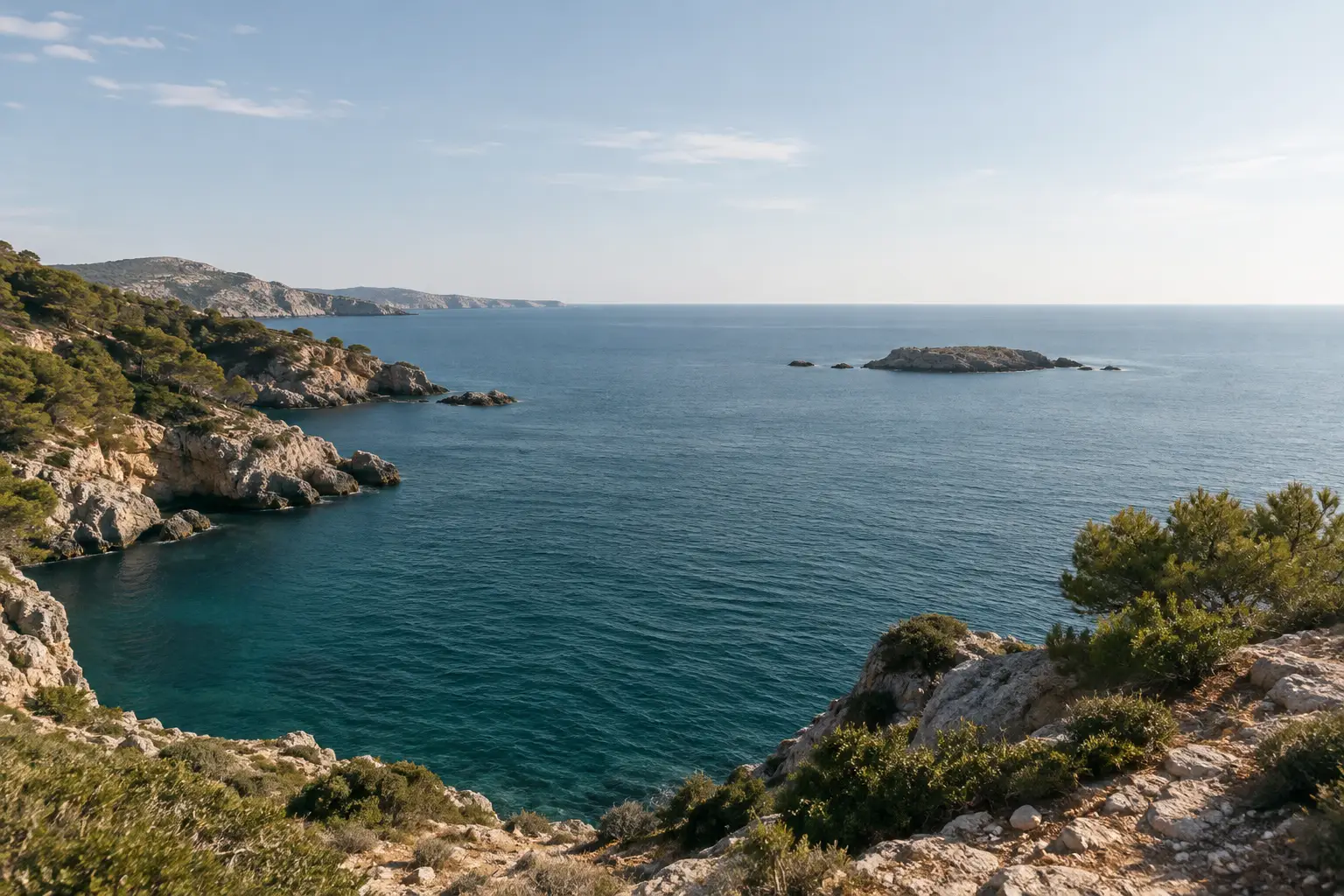 Klarer Sommerhimmel über ruhigem, tiefblauem Meer, felsige Küste mit Kiefern und kleine flache Felsinsel
