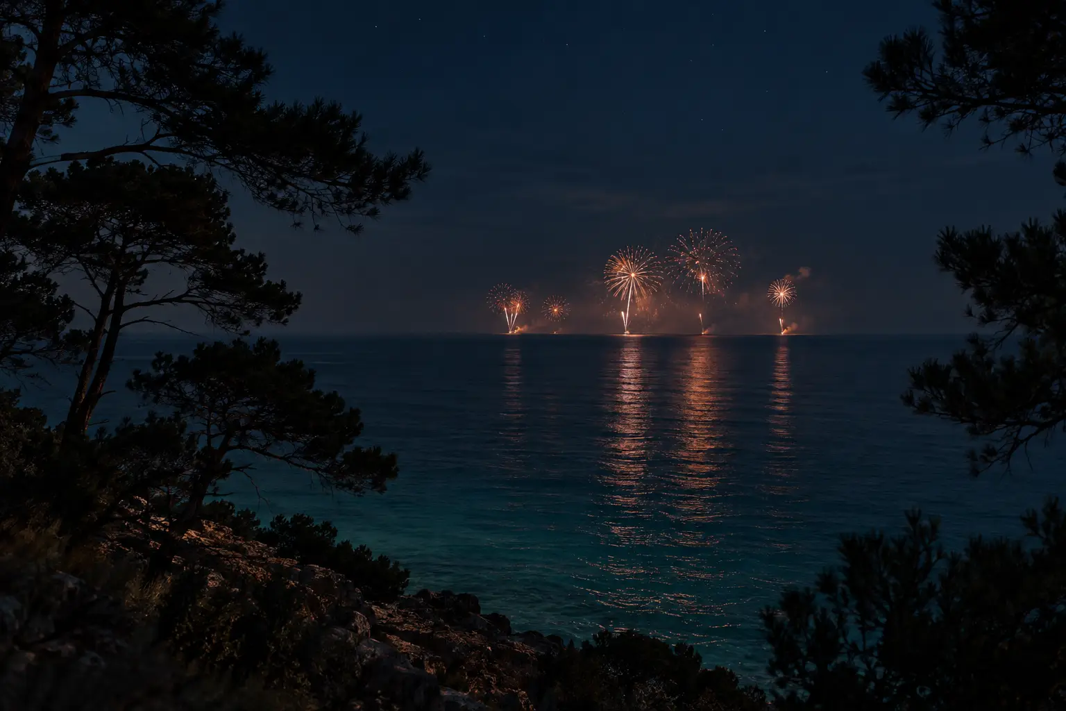 Kleines Feuerwerk über dem nächtlichen Meer, eingerahmt von Kiefernsilhouetten am Ufer