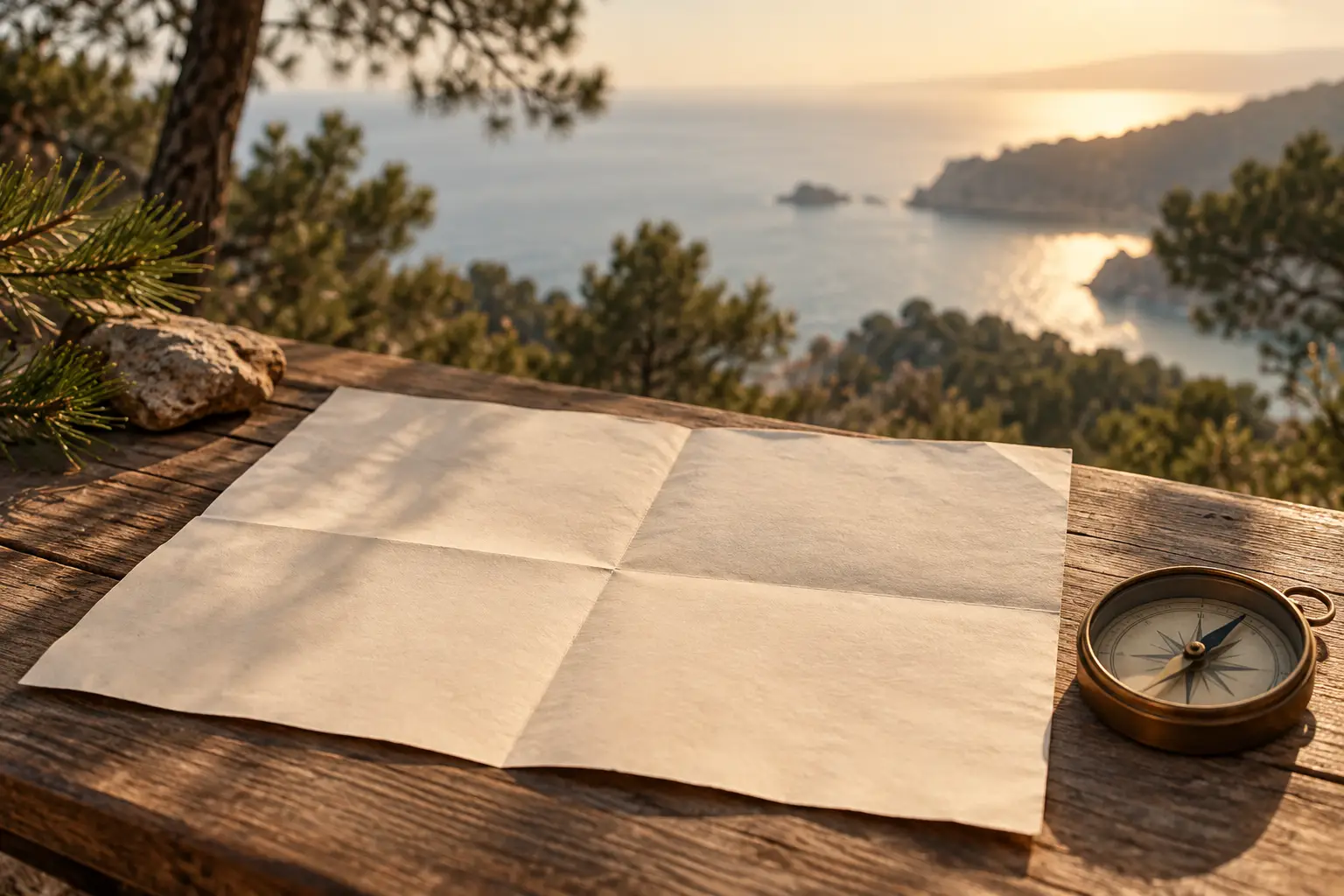Leeres, gefaltetes Blatt Papier und ein Messingkompass auf einem Holztisch über Kiefern und Meer