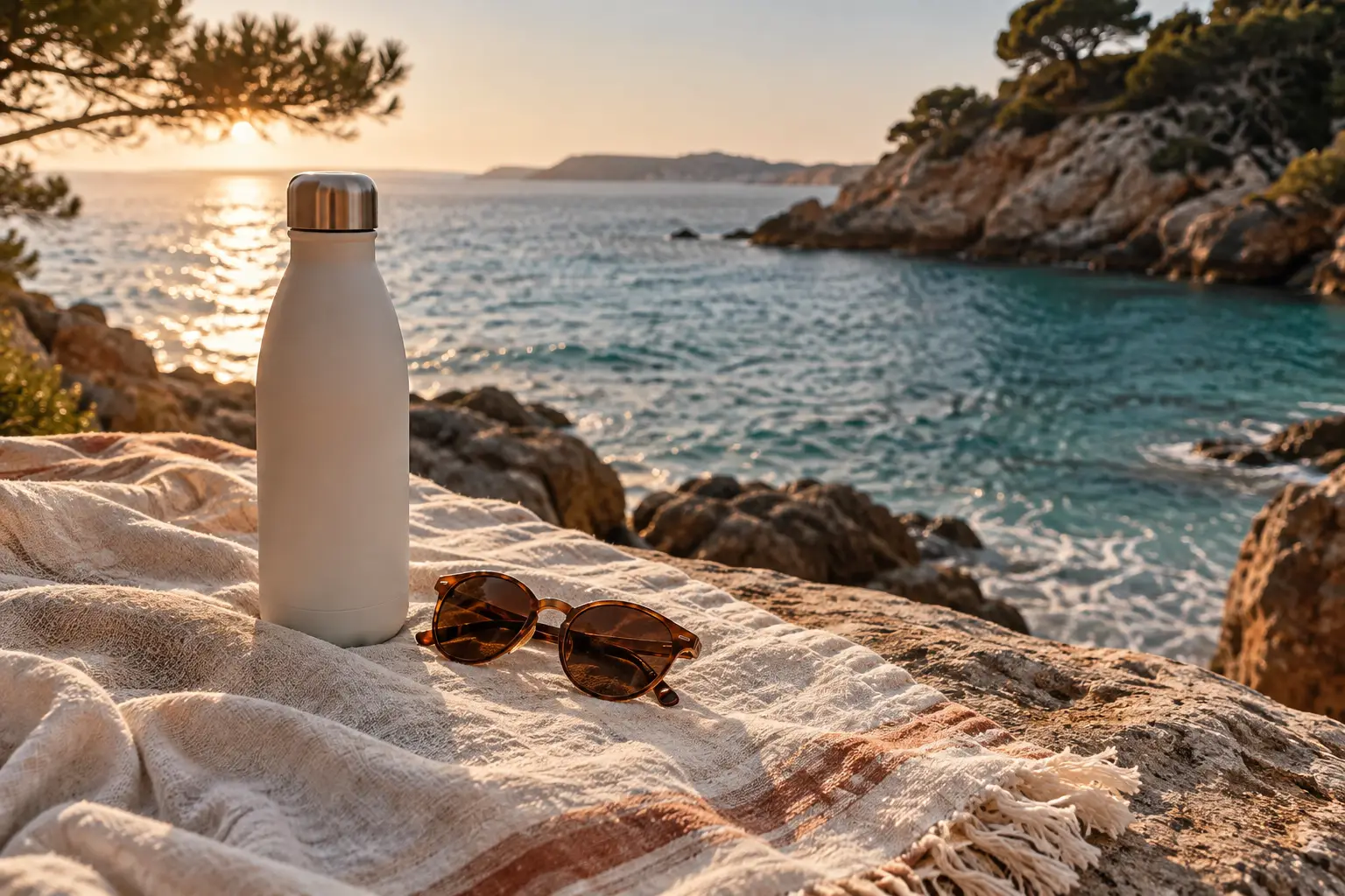 Wiederverwendbare Trinkflasche und Sonnenbrille auf einem Leinentuch über Felsen an einer klaren Meeresbucht
