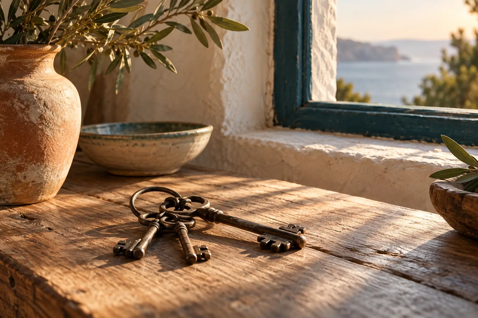 Alte Eisenschlüssel auf einem Holztisch neben einem gekalkten Fenster, Tonvase mit Olivenzweigen und Keramikschale