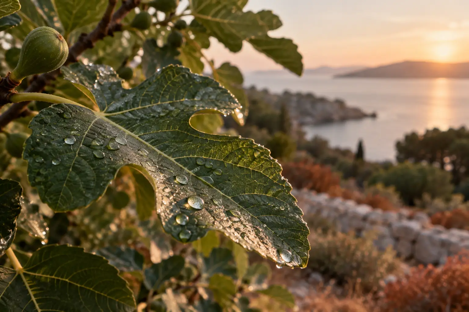 Wassertropfen auf einem Feigenblatt mit jungen Feigen, im unscharfen Hintergrund Hang und Meer im Abendlicht