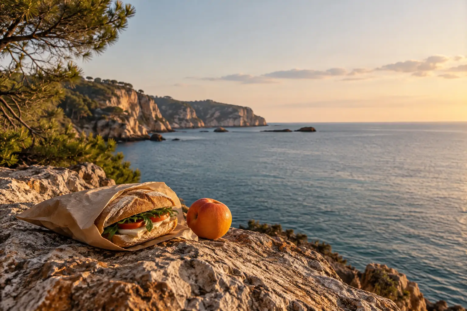 In Papier gewickeltes belegtes Brot und ein Pfirsich auf einem Felsen über dem ruhigen Meer