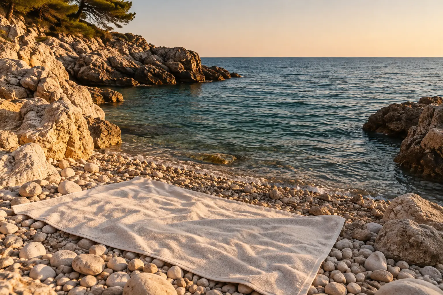 Helles Handtuch auf Kieselsteinen in einer kleinen Felsbucht mit ruhigem Meer am Abend