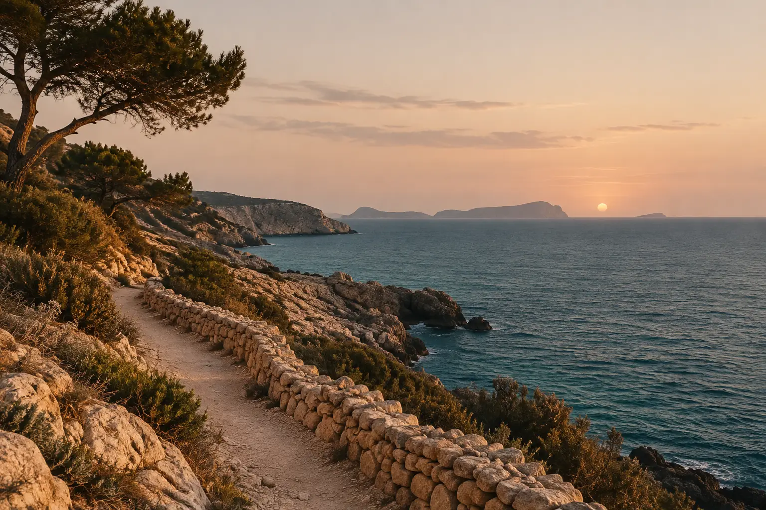 Schmaler Küstenpfad mit Trockenmauer und Kiefern über dem Meer bei gedämpftem Sonnenuntergang